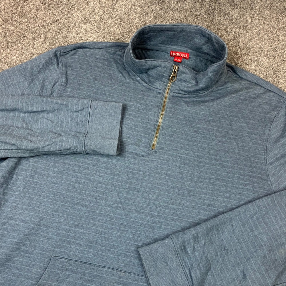 Merona Mens Size XL Blue Heathered Striped Quarter Zip Pullover Kangaroo Pocket